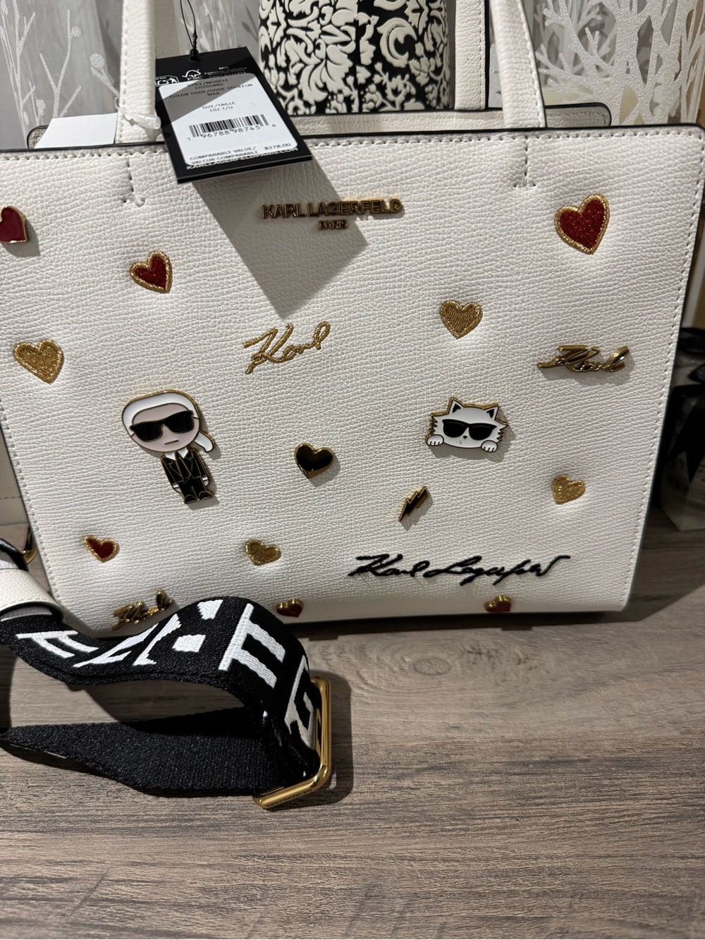 Karl Lagerfeld White Embellished Tote with Gold Accents and Black Logo Strap